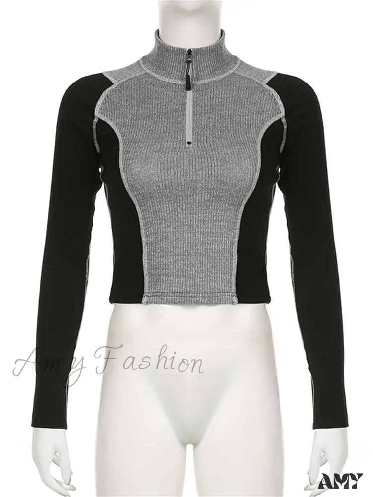 Amy Fashion - Slim Fit Contrast Color High Neck Long Sleeve T-shirts - Image 5