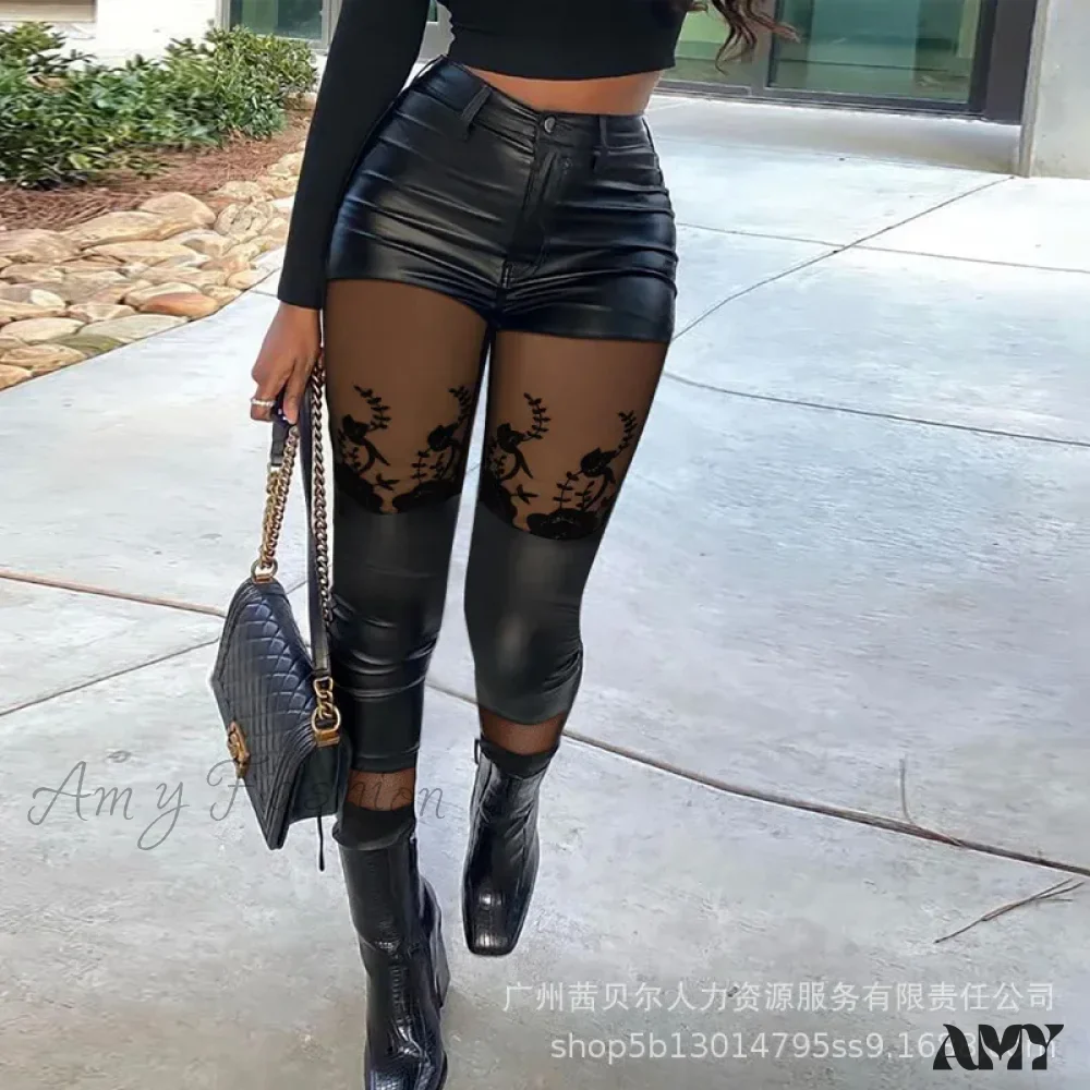 Slim Fit Pencil Solid Lace Splice Stretch High Street Pants - Image 3