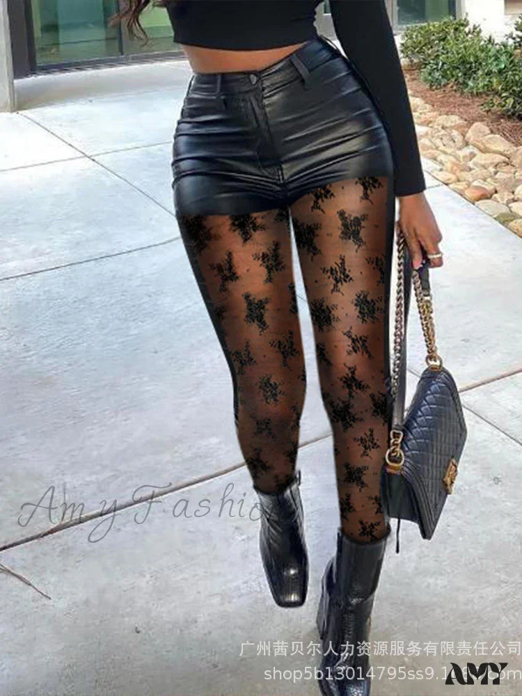 Slim Fit Pencil Solid Lace Splice Stretch High Street Pants - Image 5
