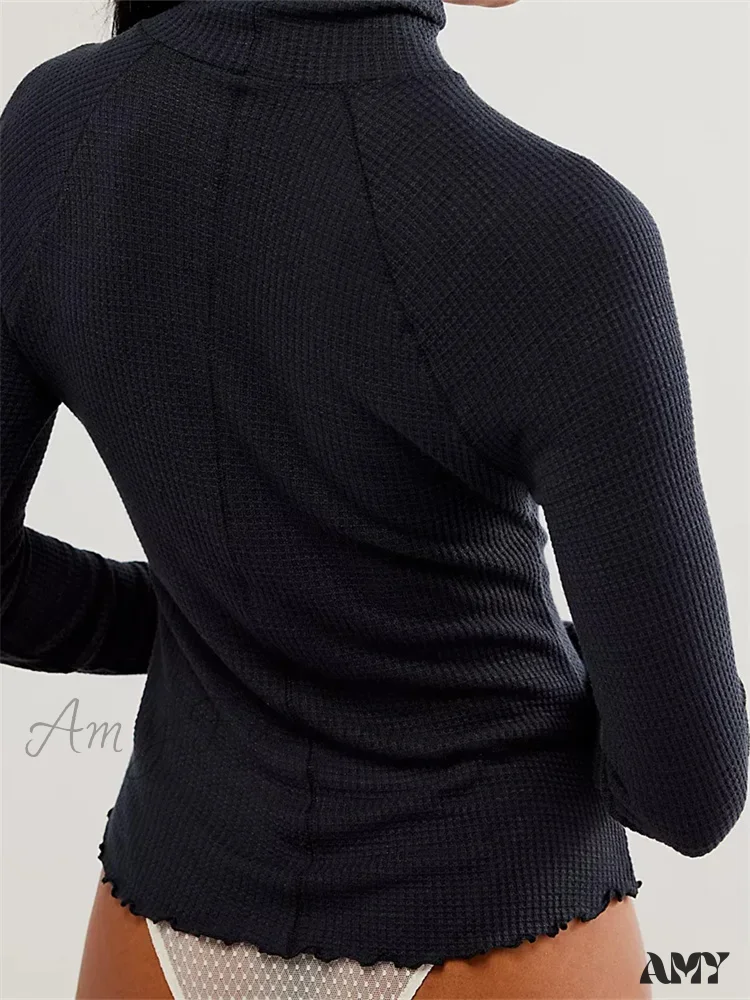 Amy Fashion - Slim Fit Solid Color Long Sleeve High Neck Casual T-Shirts - Image 2