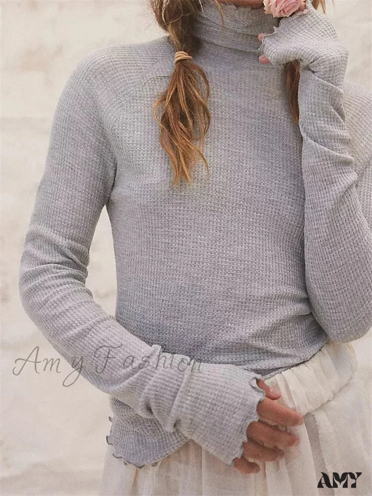Amy Fashion - Slim Fit Solid Color Long Sleeve High Neck Casual T-Shirts - Image 4