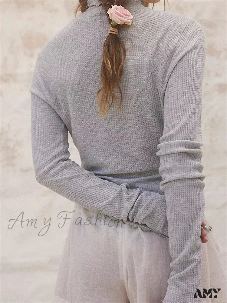 Amy Fashion - Slim Fit Solid Color Long Sleeve High Neck Casual T-Shirts - Image 5
