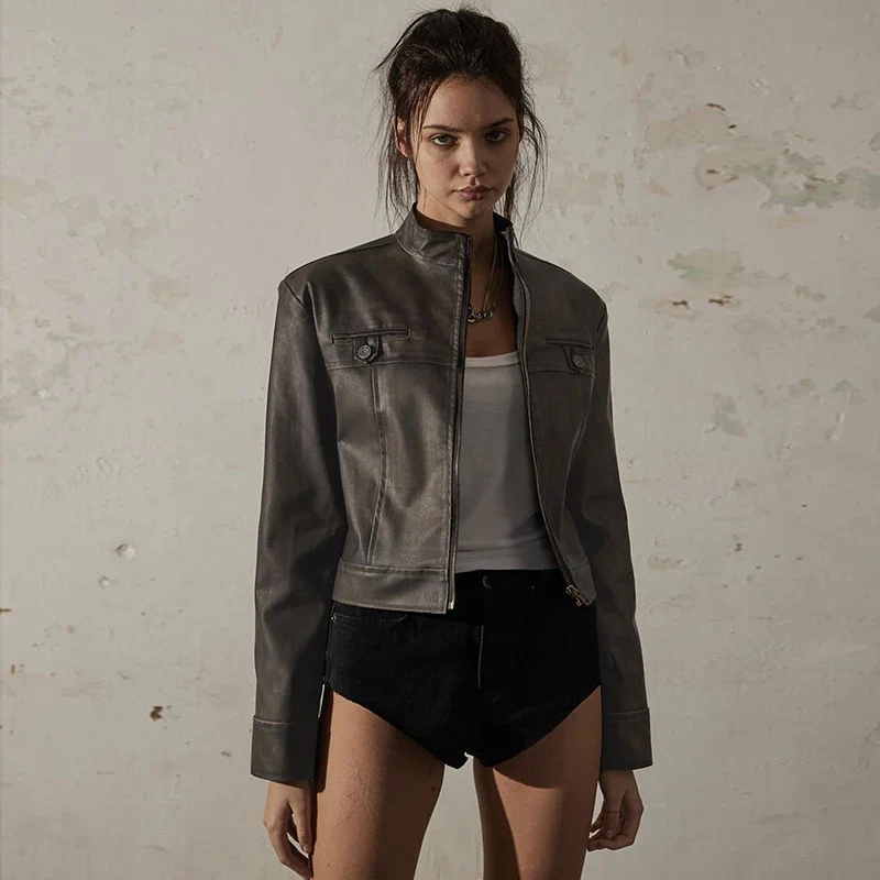 Slim Leather Zipper Button Coat - Image 2