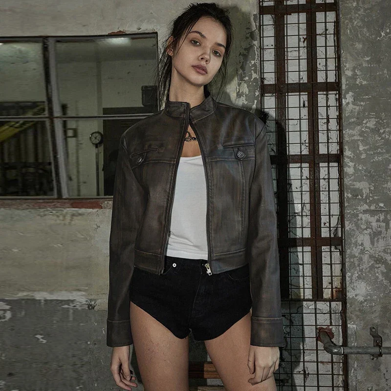 Slim Leather Zipper Button Coat - Image 3