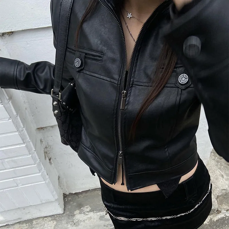 Slim Leather Zipper Button Coat - Image 5
