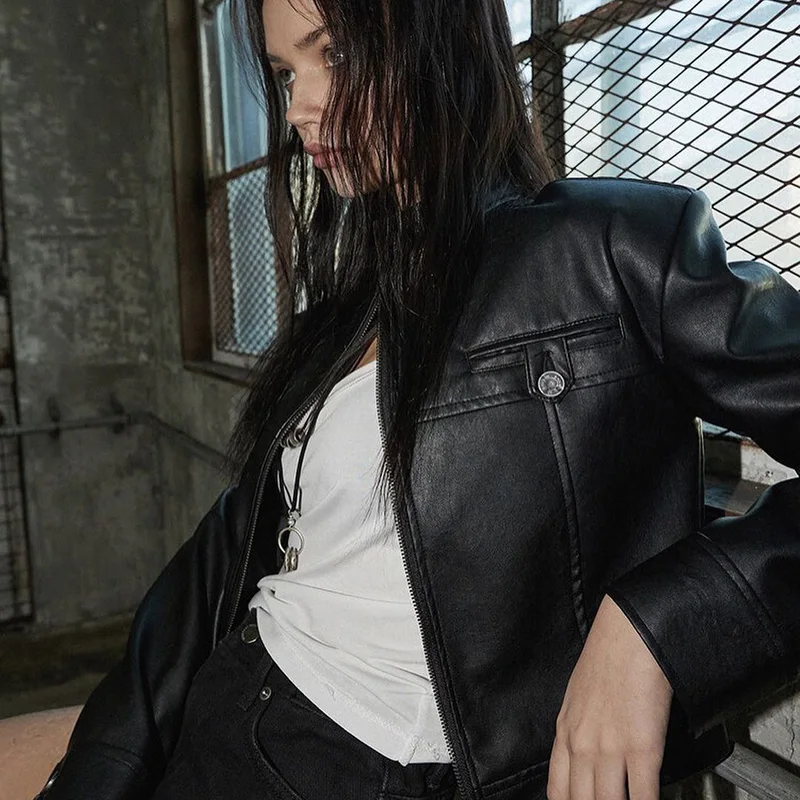 Slim Leather Zipper Button Coat - Image 6