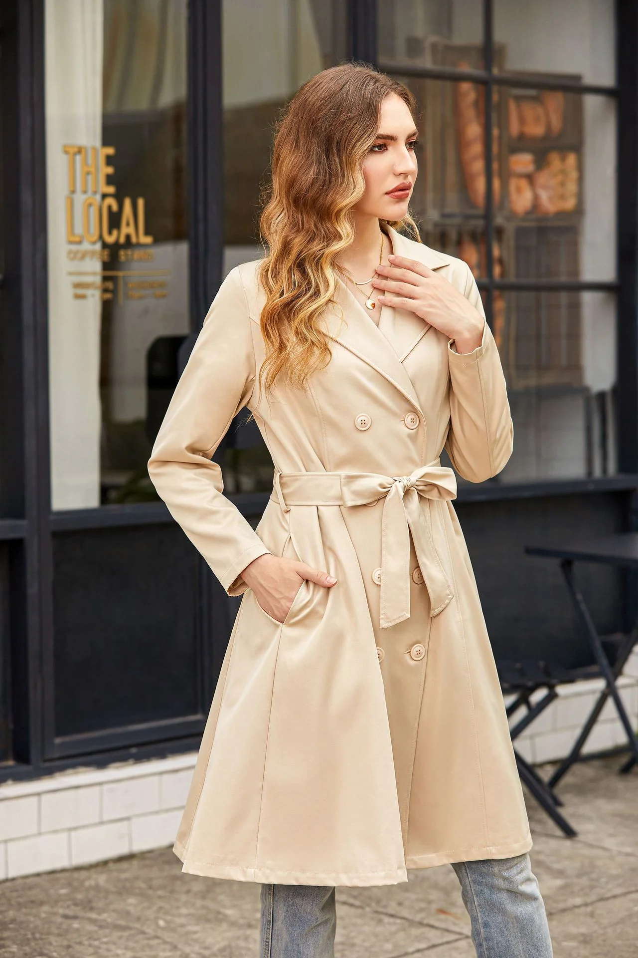 Slim Tie Waist Mid-Length Pocket Trench Coat - Image 10