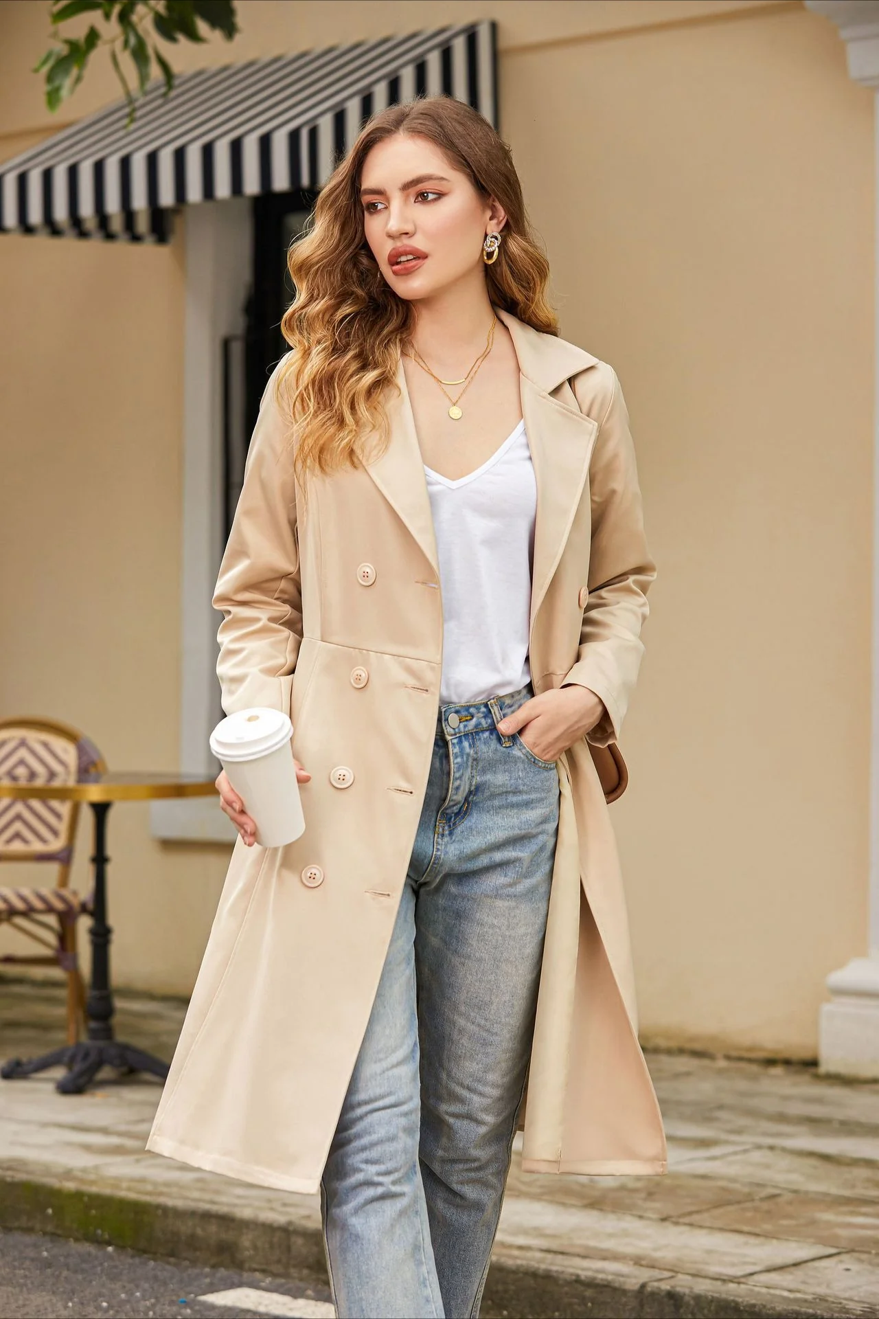 Slim Tie Waist Mid-Length Pocket Trench Coat - Image 3