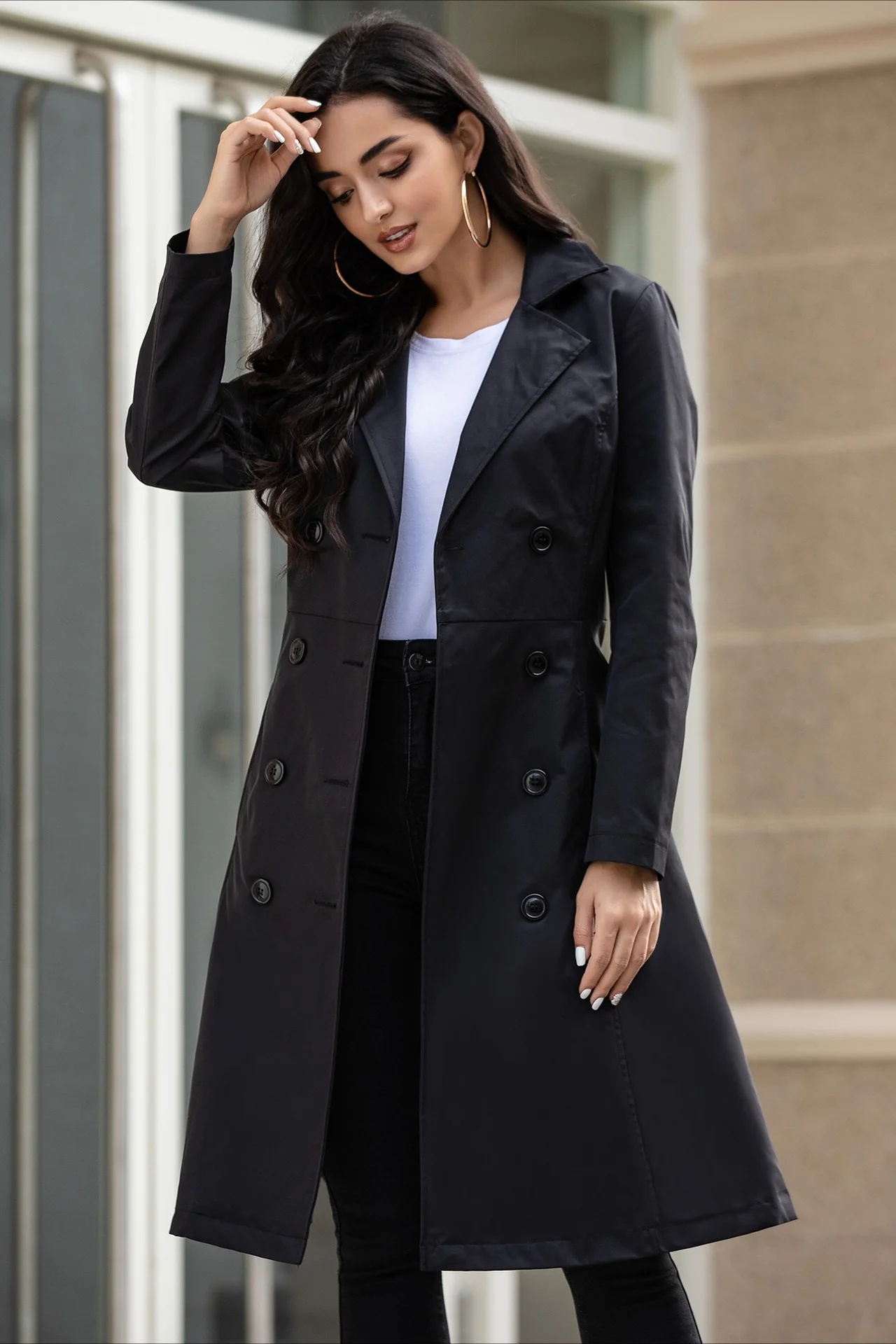 Slim Tie Waist Mid-Length Pocket Trench Coat - Image 8
