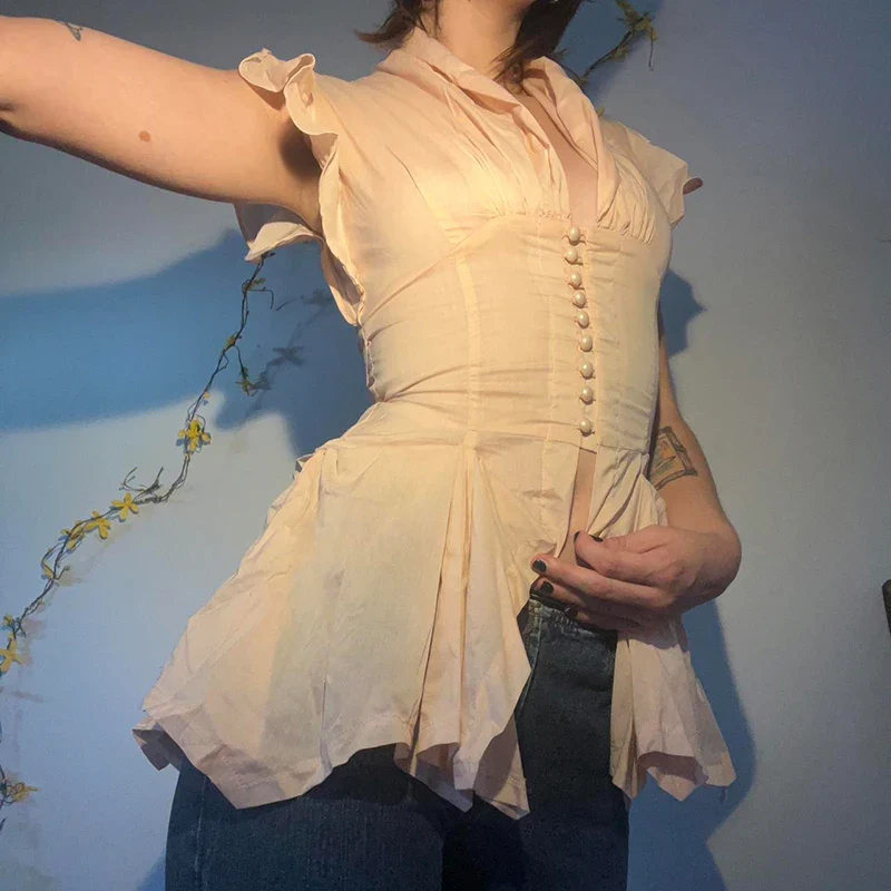 Slim V-Neck Ruffled Blouse - Image 3