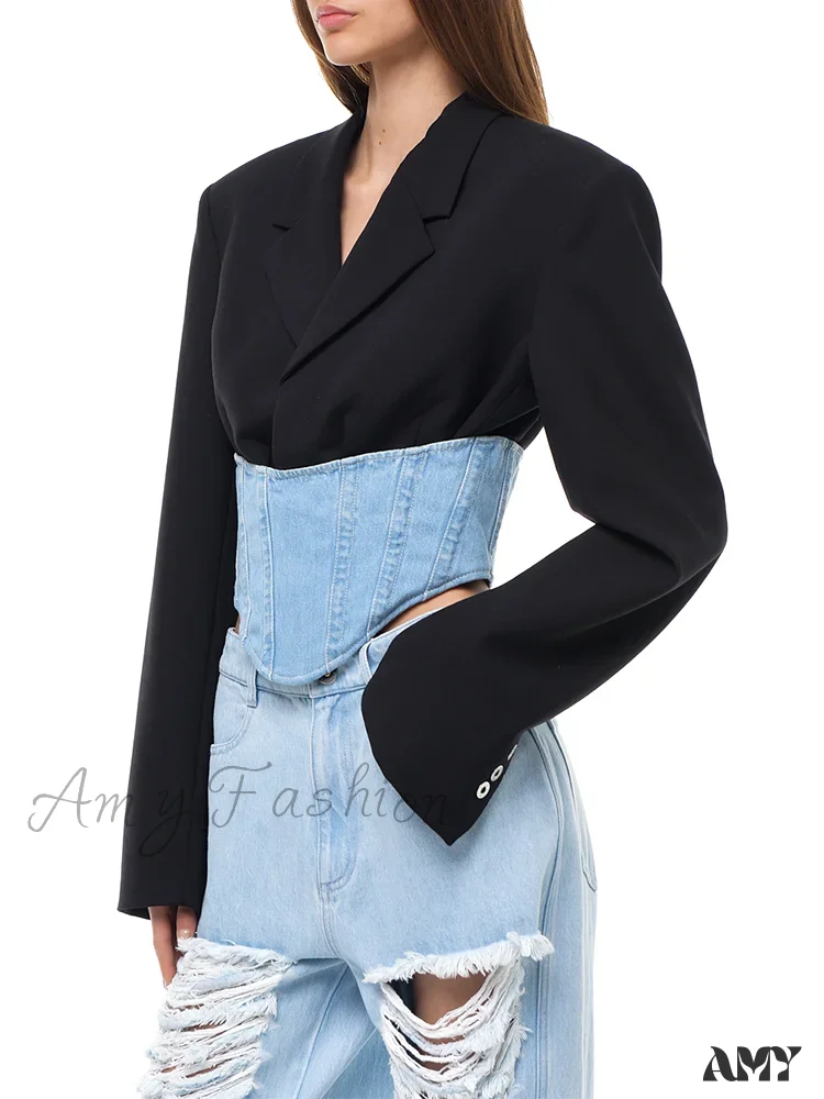 Slimming Casual Patchwork Denim Long Sleeve Notched Spliced Zipper Hit Color Fashion New Blazer - Image 3