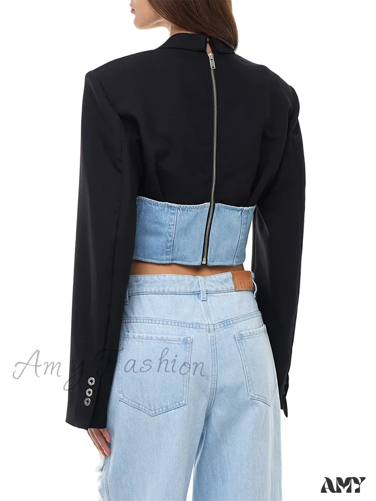 Slimming Casual Patchwork Denim Long Sleeve Notched Spliced Zipper Hit Color Fashion New Blazer - Image 4