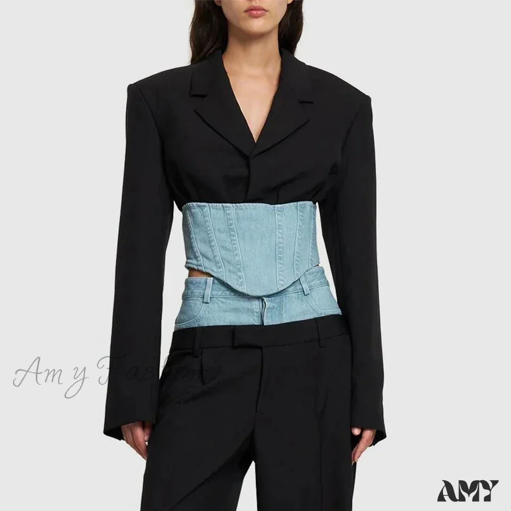 Slimming Casual Patchwork Denim Long Sleeve Notched Spliced Zipper Hit Color Fashion New Blazer - Image 5