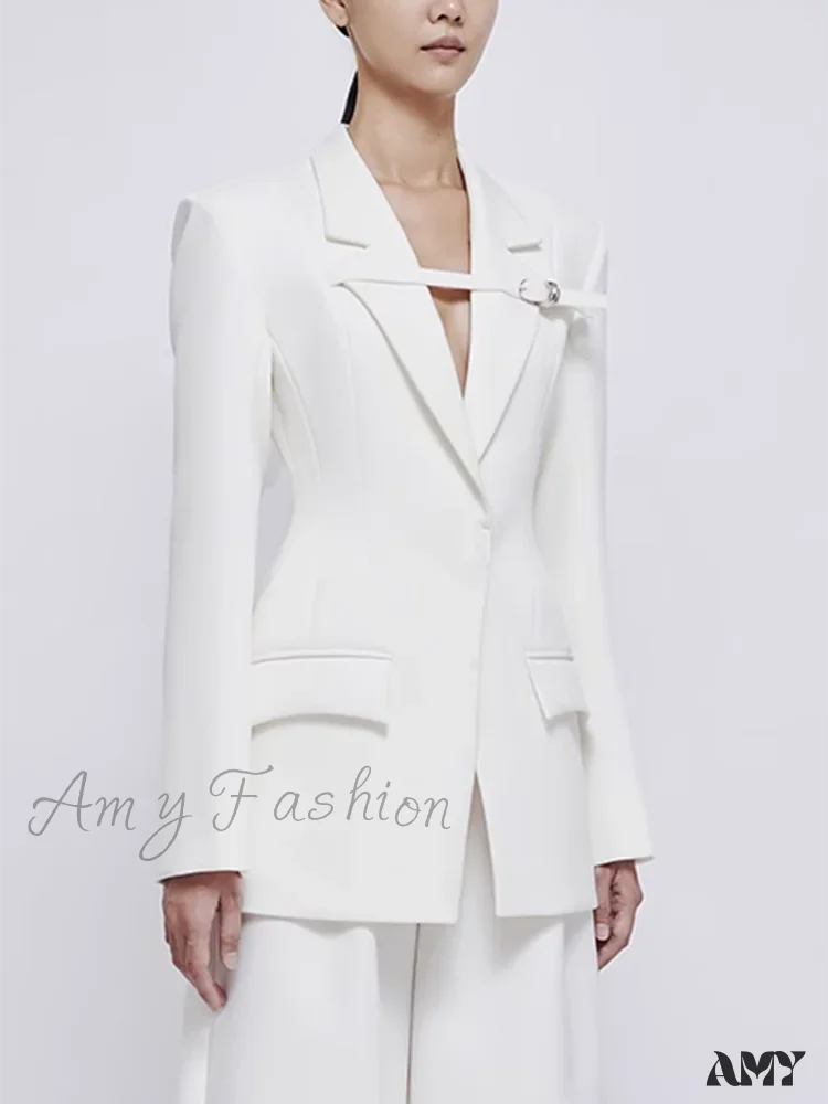Slimming Hollow Out Casual Lapel Long Sleeve Notched Collar Patchwork Belt Fashion Style Coats Blazer - Image 3