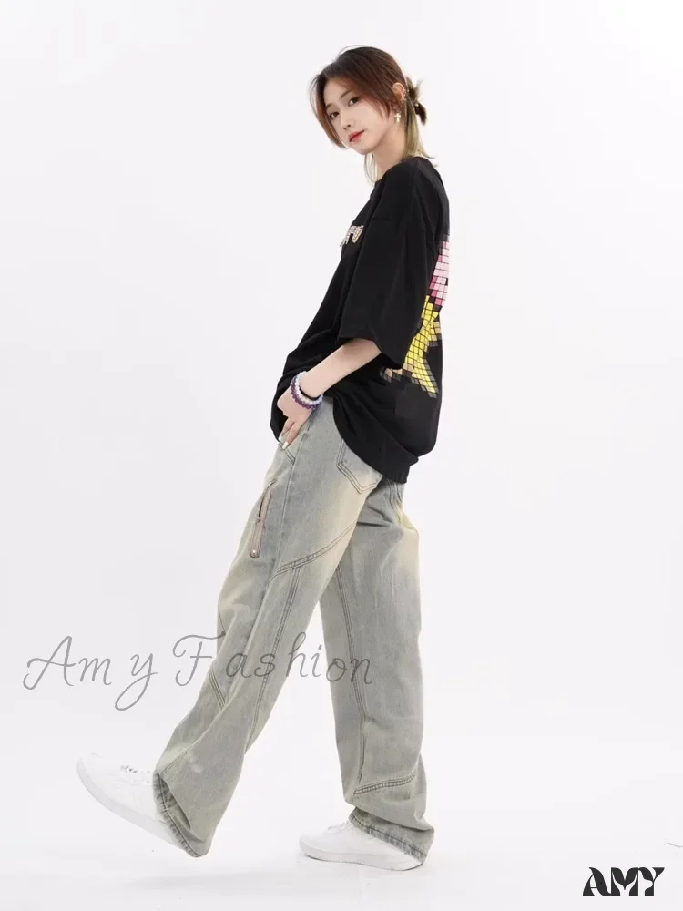 Amy Fashion - Small High Street Distressed Trendy Brand Washed Vintage Versatile Loose Wide Leg Women's Jean - Image 2
