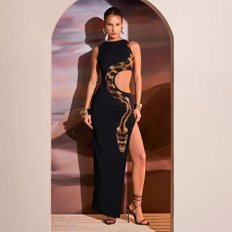 Snake Print Hollow Slit Maxi Dress