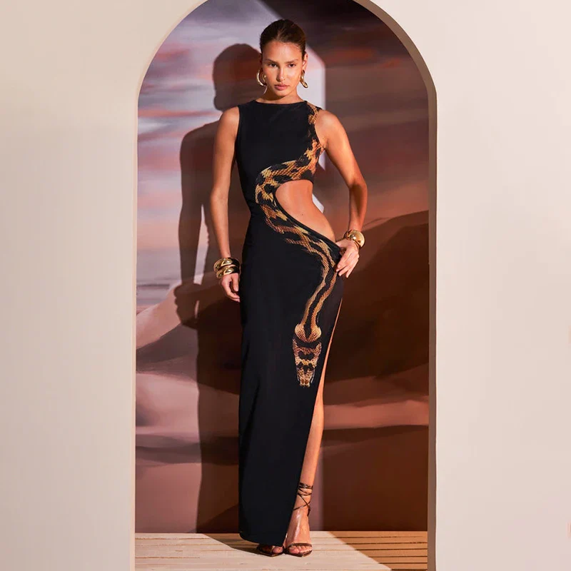 Snake Print Hollow Slit Maxi Dress - Image 4