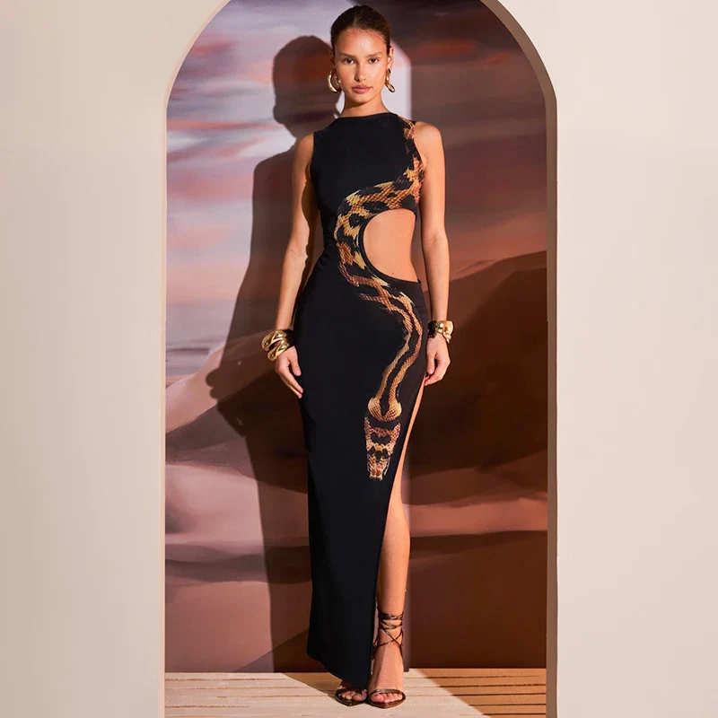 Snake Print Hollow Slit Maxi Dress - Image 6