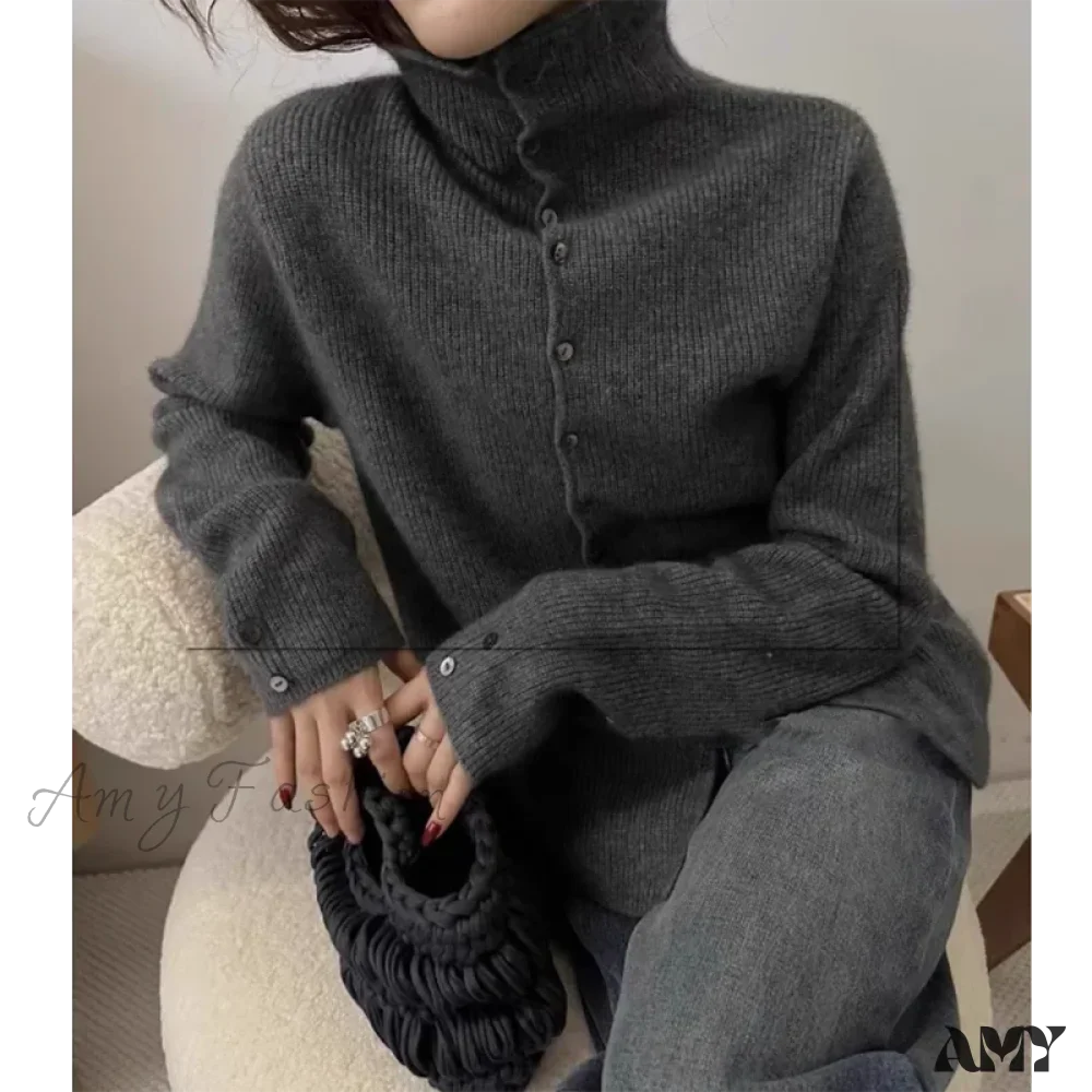 Soft Waxy Cashmere Knit Fashionable  Single-breasted Long Sleeve Warm Cozy Cardigan - Image 4