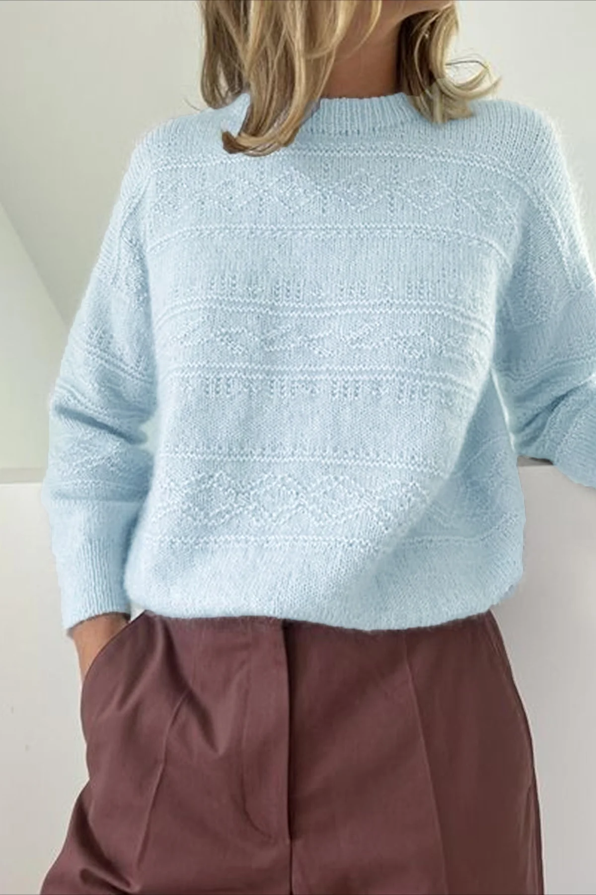 Solid Cable-Knit Crew Neck Long Sleeve Sweater - Image 2