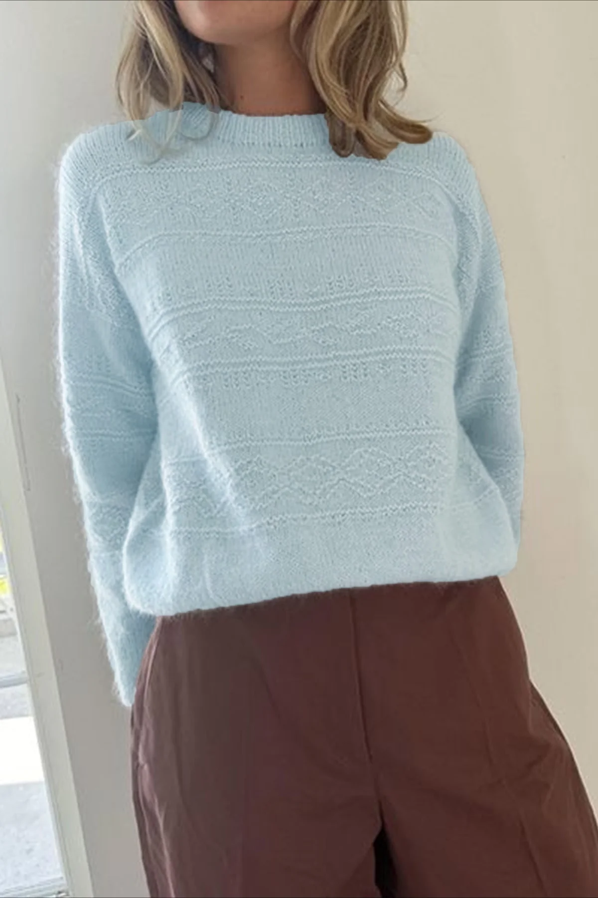 Solid Cable-Knit Crew Neck Long Sleeve Sweater - Image 3