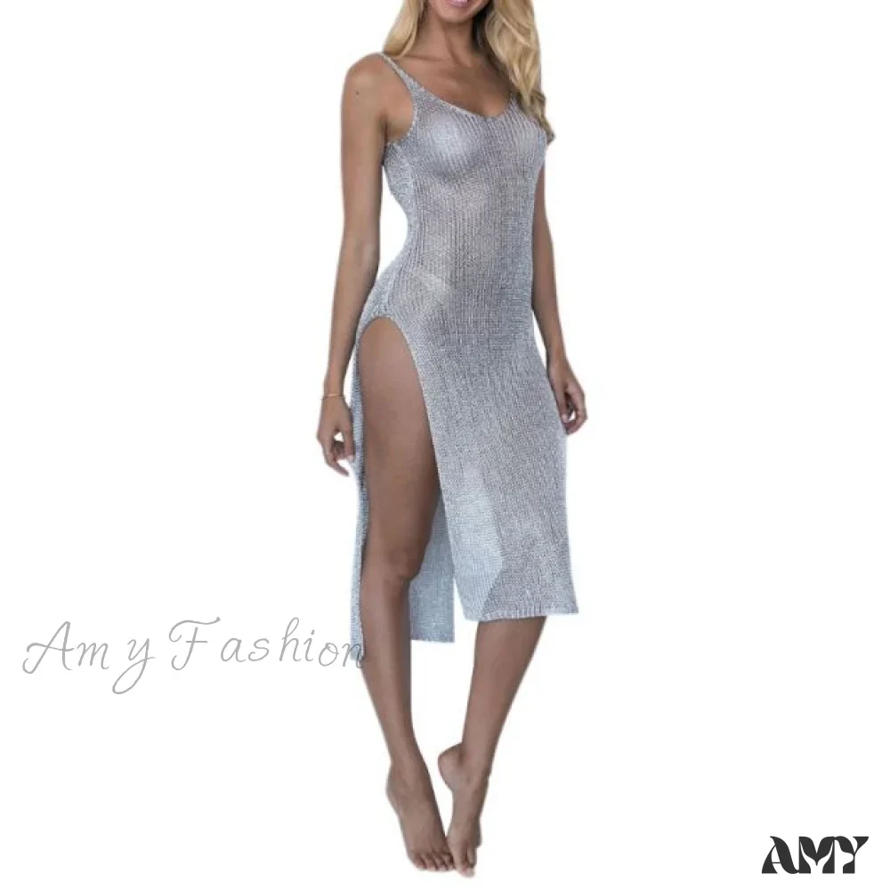 Amy Fashion - Solid Color Backless High Slit Sleeveless Dress - Image 5
