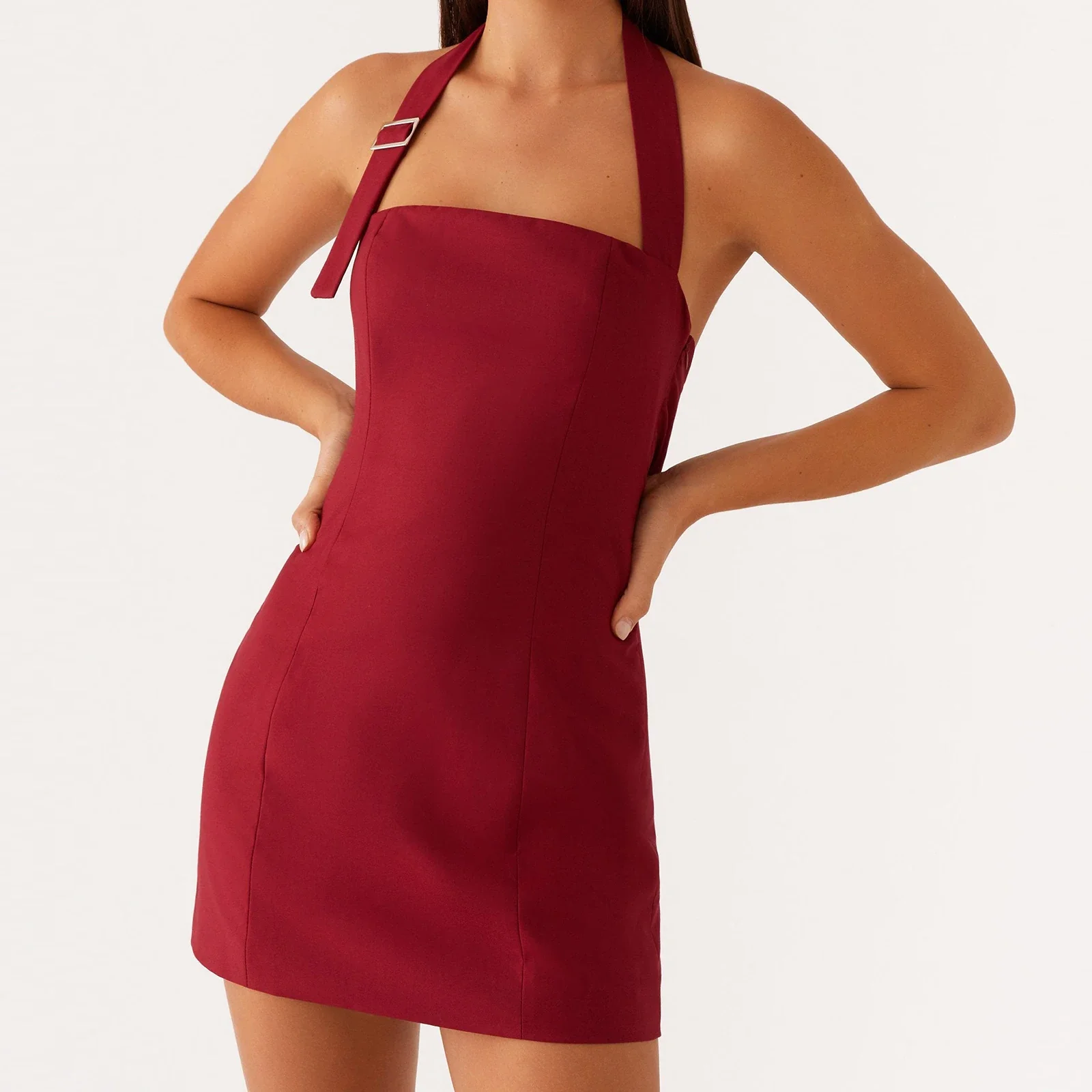 Solid Color Buckle Halter Bodycon Dress - Image 4