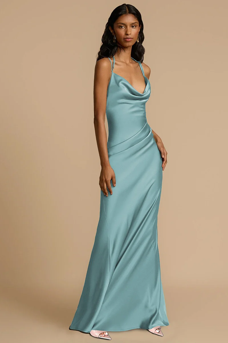Solid Color Draped Collar Backless Evening Dress - Image 4