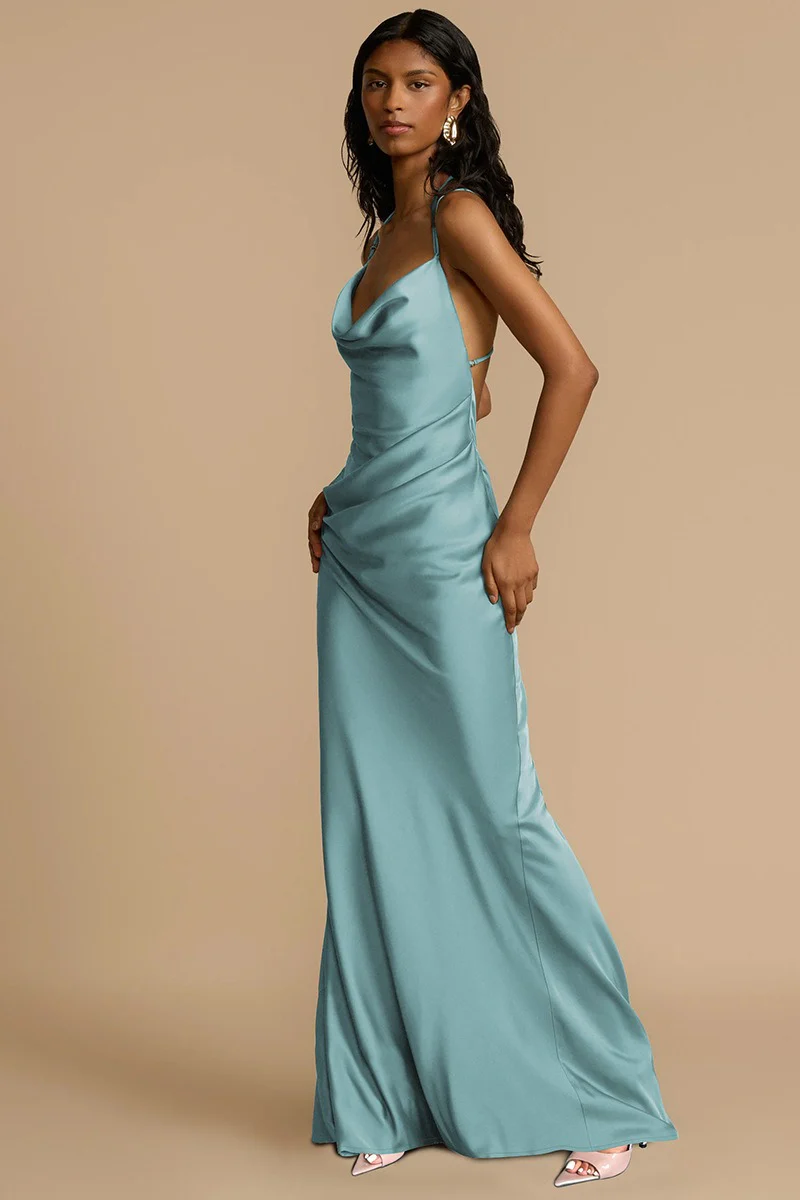 Solid Color Draped Collar Backless Evening Dress - Image 5
