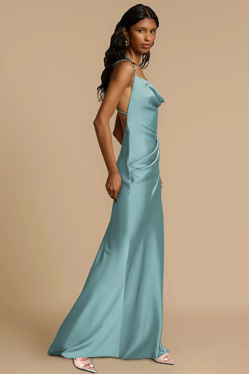 Solid Color Draped Collar Backless Evening Dress - Image 6