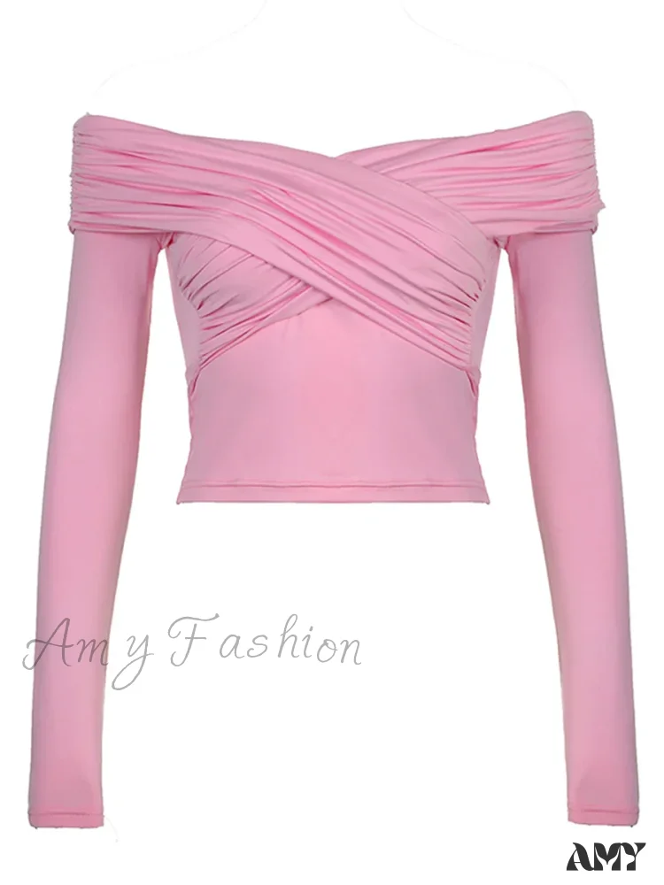 Solid Color Front Cross V-Neck Off Shoulder Blouse - Image 5