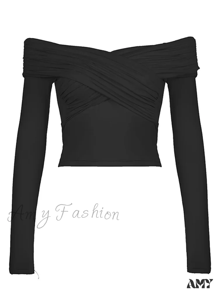 Solid Color Front Cross V-Neck Off Shoulder Blouse - Image 6