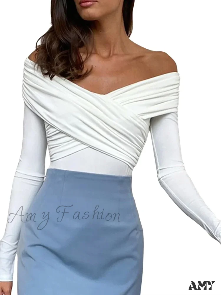Solid Color Front Cross V-Neck Off Shoulder Blouse - Image 7