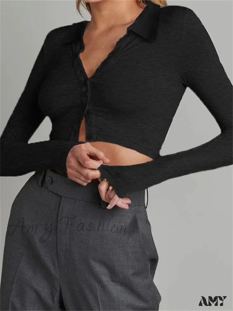 Amy Fashion - Solid Color Long Sleeve Basic Cropped Ribbed T-shirts - Image 2