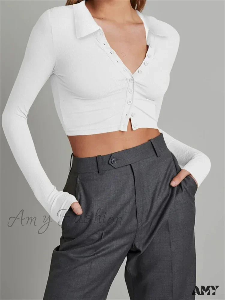 Amy Fashion - Solid Color Long Sleeve Basic Cropped Ribbed T-shirts - Image 3