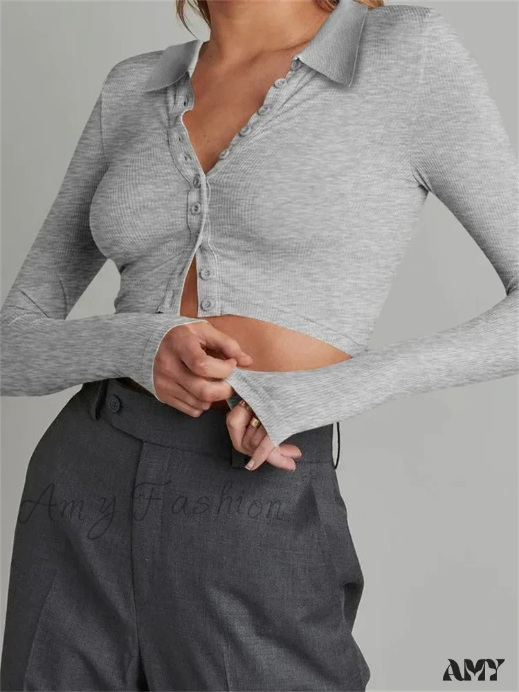 Amy Fashion - Solid Color Long Sleeve Basic Cropped Ribbed T-shirts - Image 5