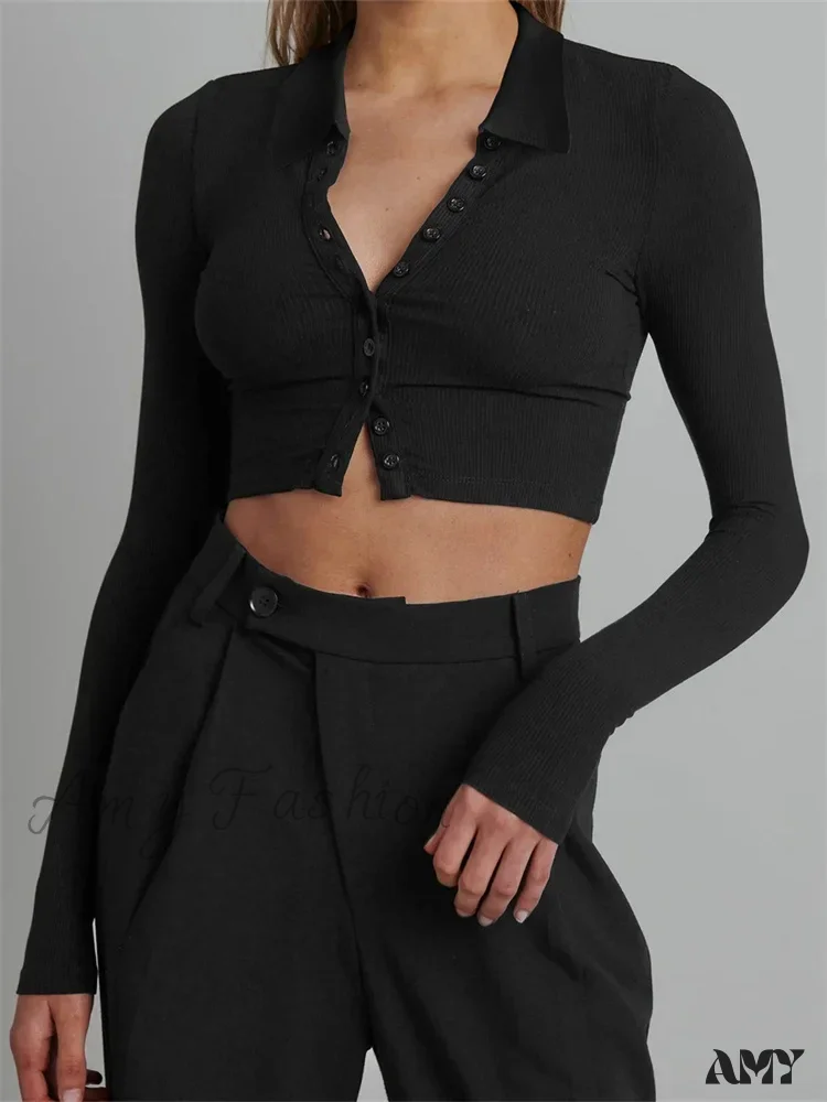 Amy Fashion - Solid Color Long Sleeve Basic Cropped Ribbed T-shirts - Image 7
