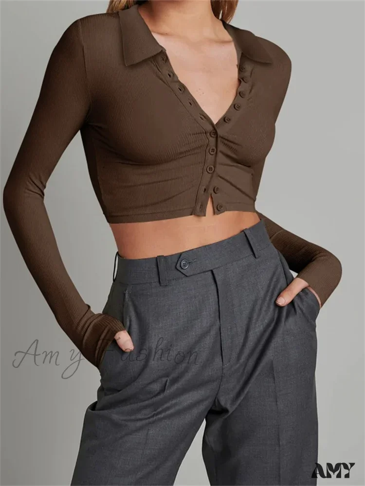 Amy Fashion - Solid Color Long Sleeve Basic Cropped Ribbed T-shirts - Image 8