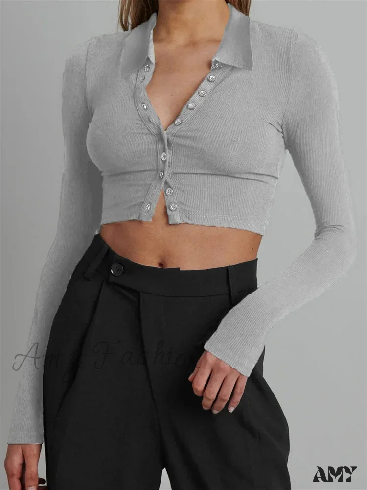 Amy Fashion - Solid Color Long Sleeve Basic Cropped Ribbed T-shirts - Image 9