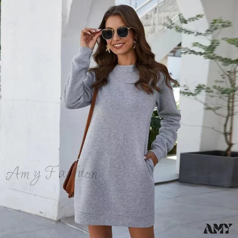 Amy Fashion - Solid Color Round Neck Long Sleeve Dress - Image 5