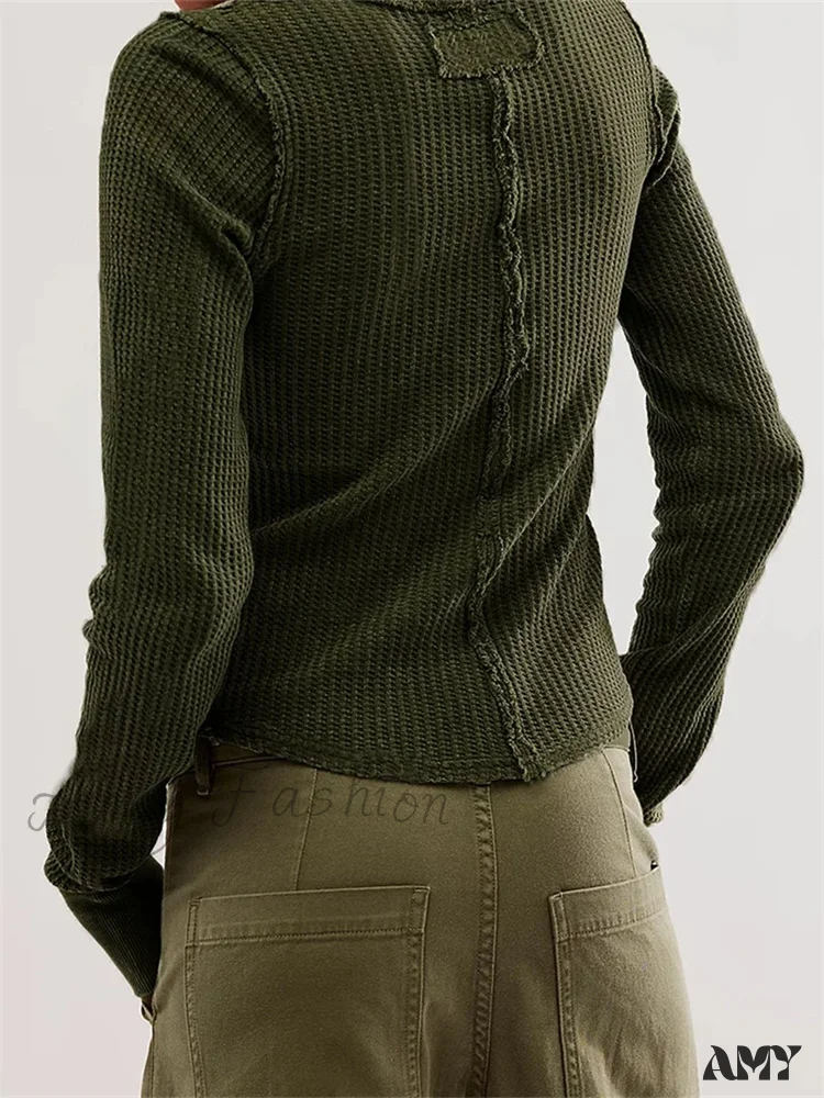 Amy Fashion - Solid Color Slim Fit Ruched Long Sleeve Basic T-Shirts - Image 2