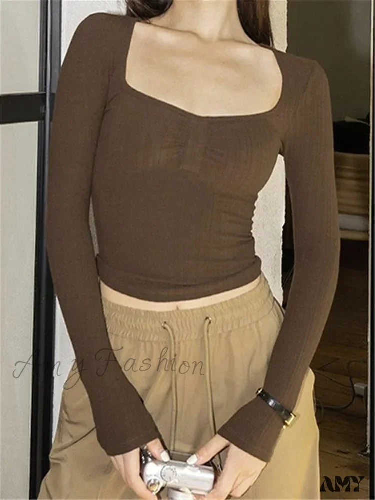 Amy Fashion - Solid Color Square Neck Ruched Crop Tops T-Shirts - Image 6