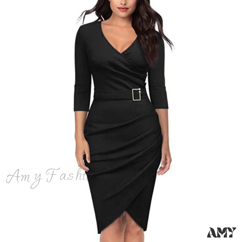 Amy Fashion - Solid Color V Neck 3/4 Sleeve Pencil Dress - Image 2