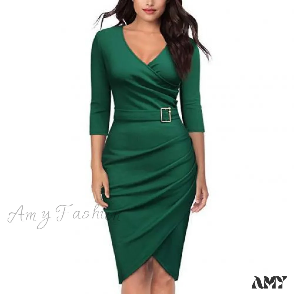 Amy Fashion - Solid Color V Neck 3/4 Sleeve Pencil Dress - Image 3