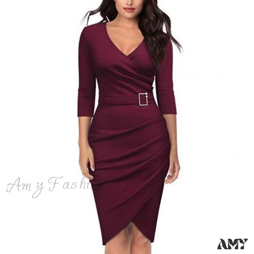 Amy Fashion - Solid Color V Neck 3/4 Sleeve Pencil Dress - Image 4