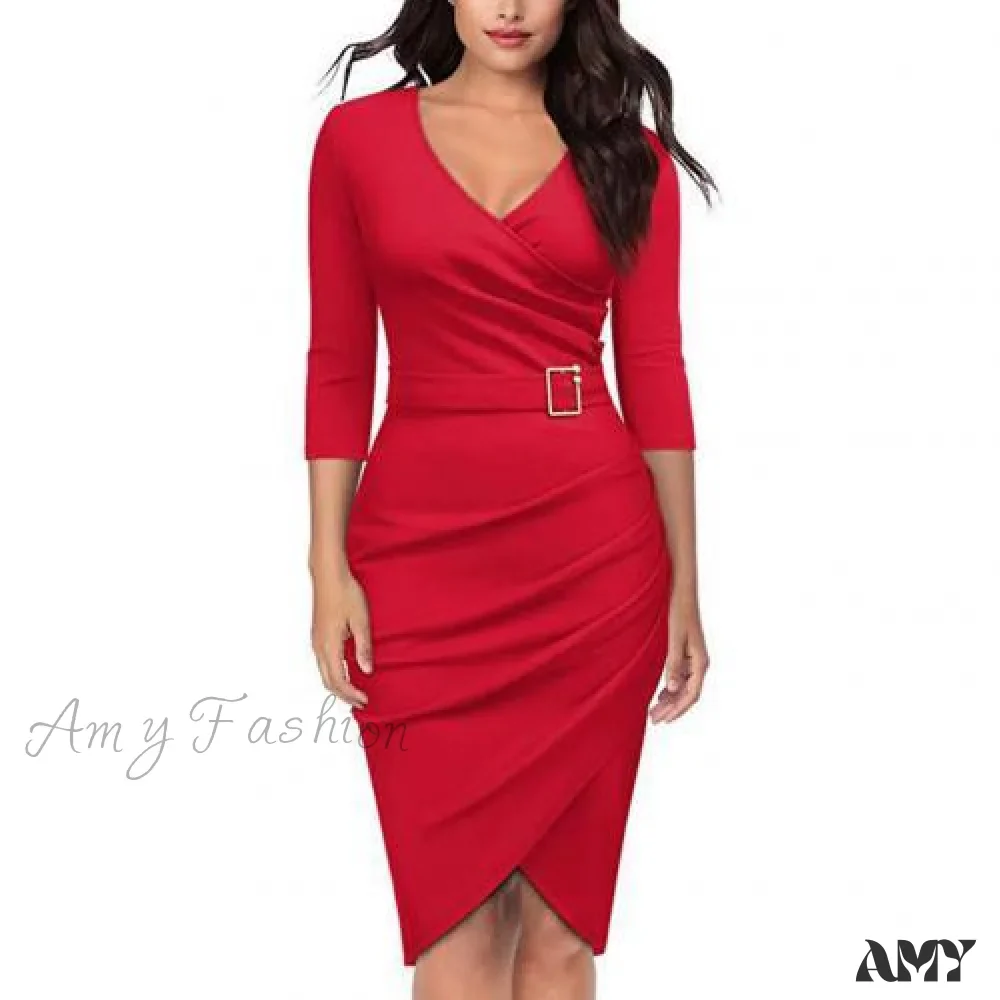 Amy Fashion - Solid Color V Neck 3/4 Sleeve Pencil Dress - Image 7