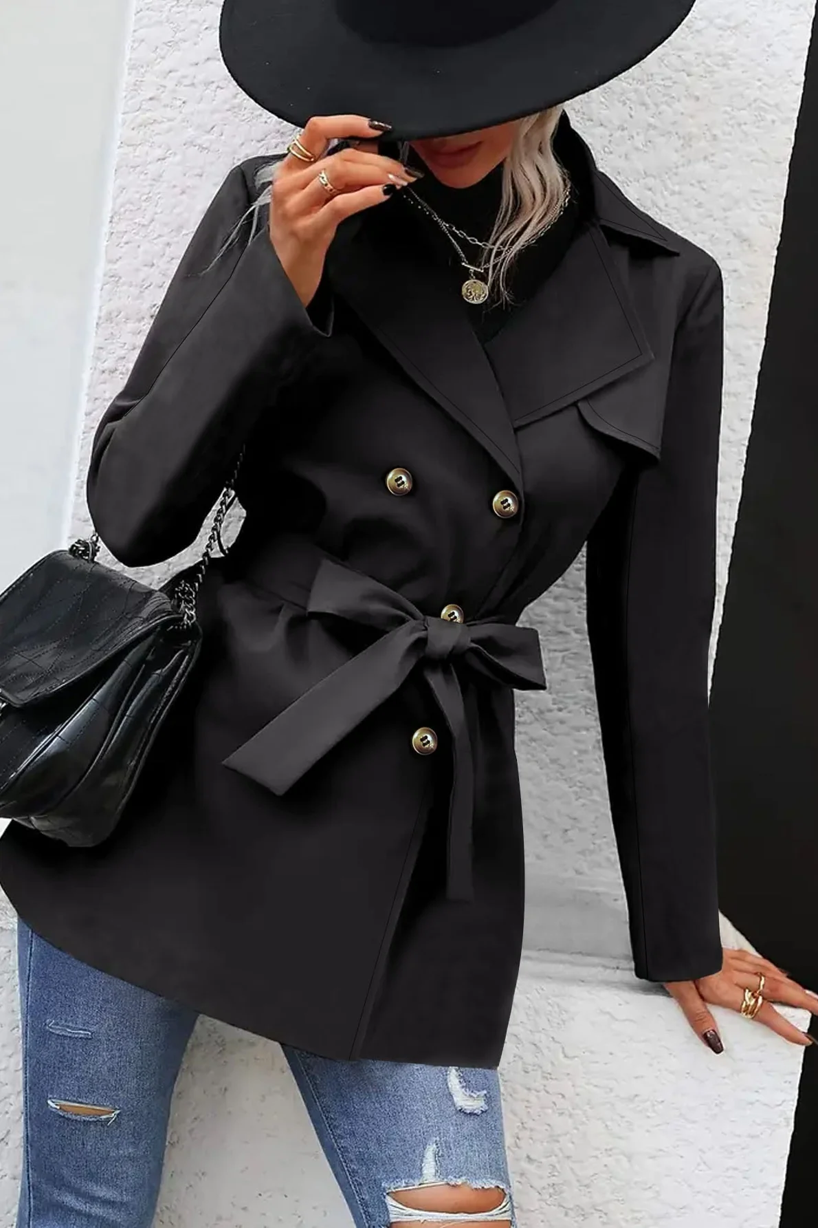 Solid Double-Breasted Tie Waist Mid-Length Trench Coat - Image 2