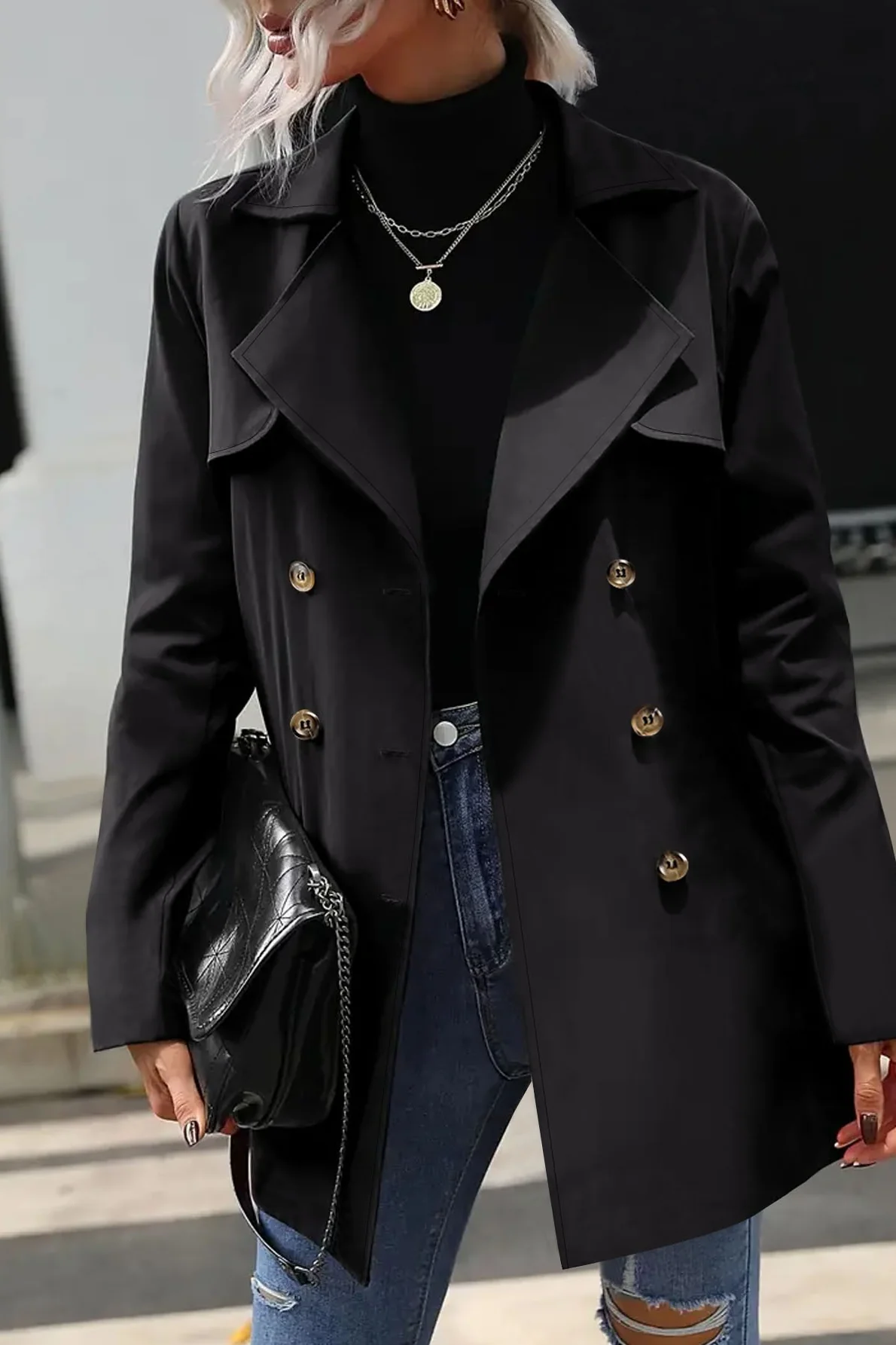 Solid Double-Breasted Tie Waist Mid-Length Trench Coat - Image 4