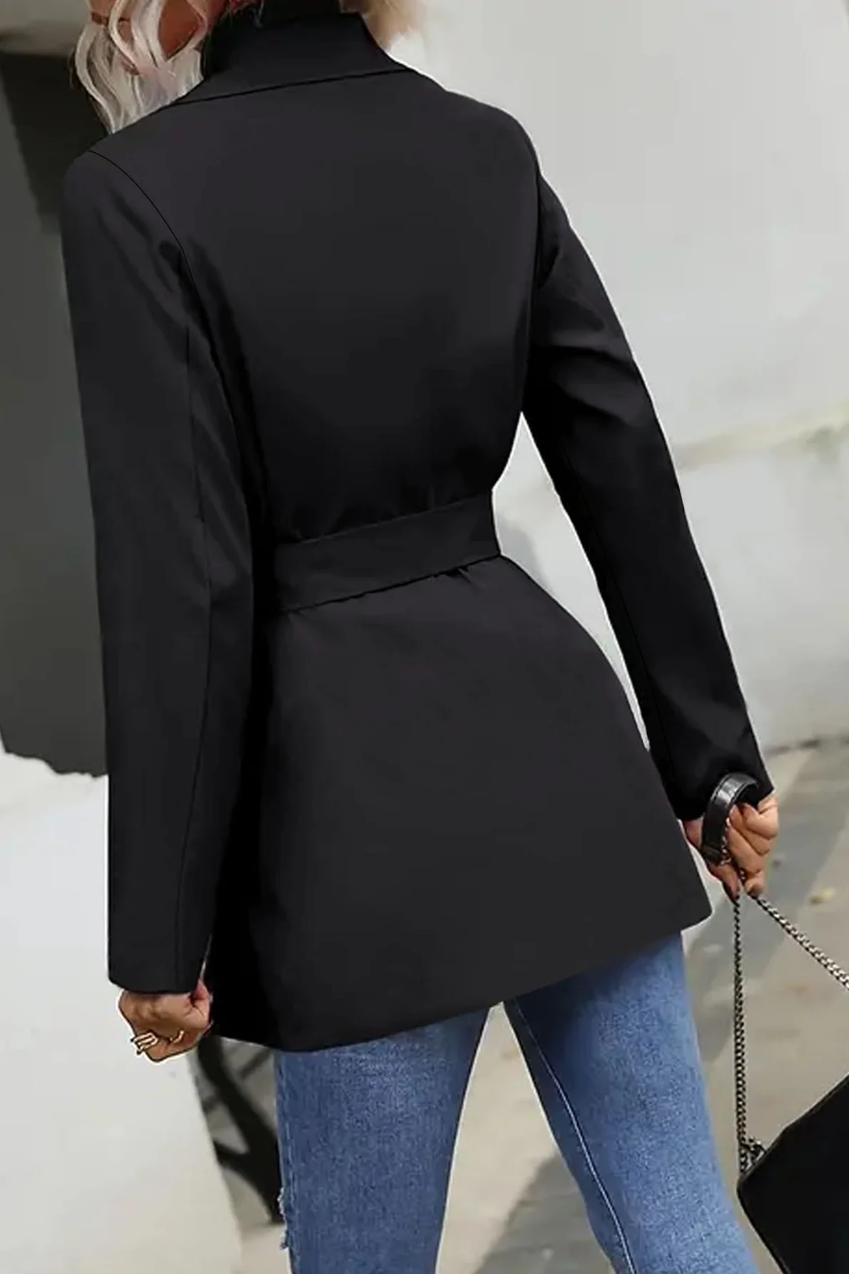 Solid Double-Breasted Tie Waist Mid-Length Trench Coat - Image 5