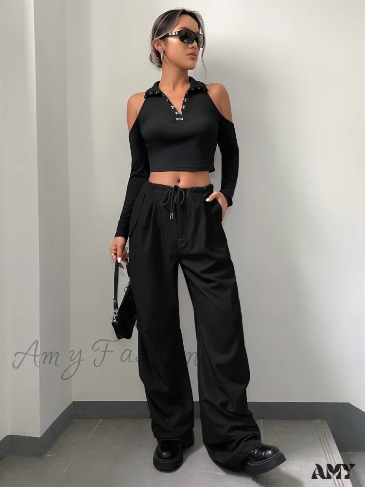 Amy Fashion - Solid Drawstring Waist Parachute Pants - Image 5